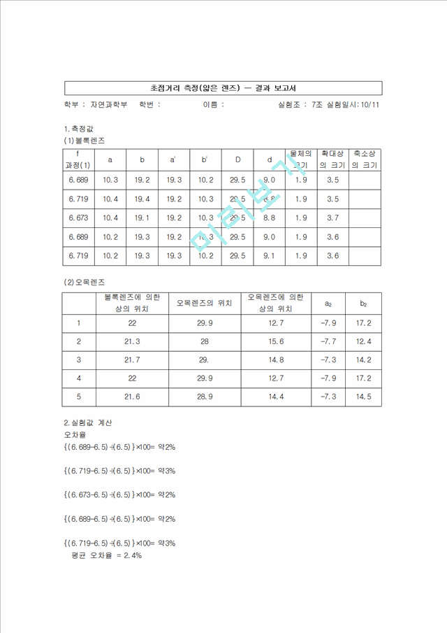 [물리학실험 레포트 보고서] 초점거리측정 (결과)   (1 )